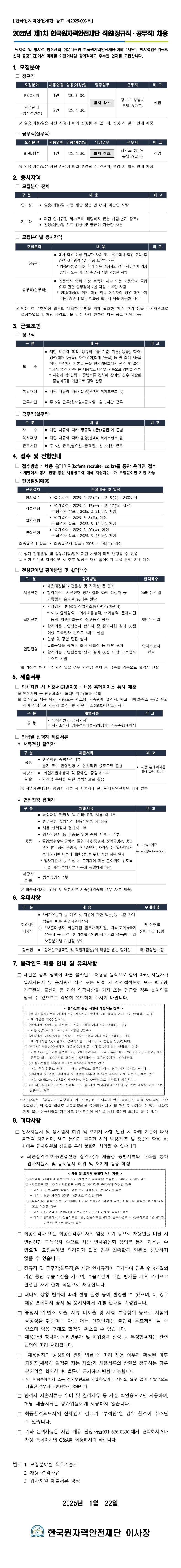 【한국원자력안전재단 공고 제2025-003호】   2025년 제1차 한국원자력안전재단 직원(정규직·공무직) 채용    원자력 및 방사선 안전관리 전문기관인 한국원자력안전재단(이하 “재단”, 원자력안전위원회 산하 공공기관)에서 미래를 이끌어나갈 창의적이고 우수한 인재를 모집합니다.  1. 모집분야   □ 정규직 【한국원자력안전재단 공고 제2025-003호】   2025년 제1차 한국원자력안전재단 직원(정규직·공무직) 채용    원자력 및 방사선 안전관리 전문기관인 한국원자력안전재단(이하 “재단”, 원자력안전위원회 산하 공공기관)에서 미래를 이끌어나갈 창의적이고 우수한 인재를 모집합니다.  1. 모집분야  □ 정규직비 고 R&D기획 1인 `25. 6. 30.  별지 참조  경기도 성남시 분당구(판교) 신입 사업관리 (방사선안전) 2인 `25. 4. 30.    ※ 임용(예정)일은 재단 사정에 따라 변경될 수 있으며, 변경 시 별도 안내 예정   □ 공무직(실무직) 모집분야  회계/행정 1인 `25. 4. 30.  별지 참조  경기도 성남시 분당구(판교) 신입     ※ 임용(예정)일은 재단 사정에 따라 변경될 수 있으며, 변경 시 별도 안내 예정   2. 응시자격   □ 모집분야 전체 연  령 ▪ 임용(예정)일 기준 재단 정년 만 61세 미만인 사람 기  타 ▪ 재단 인사규정 제21조에 해당하지 않는 사람(별지 참조) ▪ 임용(예정)일 기준 임용 및 출근이 가능한 사람   □ 모집분야별 응시자격비 고 정규직 ▪ 학사 학위 이상 취득한 사람 또는 전문학사 학위 취득 후 관련 실무경력 2년 이상 보유한 사람   * 임용(예정)일 이전 학위 취득 예정자의 경우 학위수여 예정 증명서 또는 학과장 확인서 제출 가능한 사람 공무직(실무직) ▪ 전문학사 학위 이상 취득한 사람 또는 고등학교 졸업 이후 관련 실무경력 2년 이상 보유한 사람   * 임용(예정)일 이전 학위 취득 예정자의 경우 학위수여 예정 증명서 또는 학과장 확인서 제출 가능한 사람   ※ 임용 후 수행예정 업무의 원활한 수행을 위해 필요한 학력, 경력 등을 응시자격으로 설정하였으며, 해당 자격요건을 갖춘 자에 한하여 채용 공고 지원 가능   3. 근로조건   □ 정규직 구 분 내 용 비 고 보    수 ▪ 재단 내규에 따라 정규직 5급 기준 기본(1등급), 학력‧경력(최대 3등급), 자격‧면허(최대 2등급) 등 총 최대 6등급 이내 범위에서 기본급 등을 인사위원회에서 평가 후 결정    * 재직 중인 지원자는 채용공고 마감일 기준으로 경력을 산정    * 지원서 상 경력과 증빙서류 경력이 상이할 경우 제출한 증빙서류를 기반으로 경력 산정 복리후생 ▪ 재단 내규에 따라 운영(선택적 복지포인트 등) 근무시간 ▪ 주 5일 근무(월요일~금요일), 일 8시간 근무  □ 공무직(실무직) 고 보    수 ▪ 재단 내규에 따라 정규직 6급(3등급)에 준함 복리후생 ▪ 재단 내규에 따라 운영(선택적 복지포인트 등) 근무시간 ▪ 주 5일 근무(월요일~금요일), 일 8시간 근무 4. 접수 및 전형안내   □ 접수방법 : 채용 홈페이지(kofons.recruiter.co.kr)를 통한 온라인 접수     * 재단에서 동시 진행 중인 채용공고에 대해 지원자는 1개 모집분야만 지원 가능   □ 전형일정(예정) 내용 및 일정 원서접수 ▪ 접수기간 : 2025. 1. 22.(수) ~ 2. 5.(수), 18:00까지 서류전형 ▪ 평가일정 : 2025. 2. 13.(목) ~ 2. 17.(월), 예정   * 합격자 발표 : 2025. 2. 21.(금), 예정 필기전형 ▪ 평가일정 : 2025. 3. 8.(토), 예정   * 합격자 발표 : 2025. 3. 14.(금), 예정 면접전형 ▪ 평가일정 : 2025. 3. 20.(목), 예정   * 합격자 발표 : 2025. 3. 28.(금), 예정 최종합격자 발표 ▪ 최종합격자 발표 : 2025. 4. 16.(수), 예정    ※ 상기 전형일정 및 임용(예정)일은 재단 사정에 따라 변경될 수 있음    ※ 전형 단계별 합격여부 및 추후 일정은 채용 홈페이지 등을 통해 안내 예정   □ 전형단계별 평가방법 및 합격배수합격배수 서류전형 ▪ 채용예정분야 전문성 및 적격성 등 평가 ▪ 합격기준 : 서류전형 평가 결과 60점 이상자 중    고득점자 순으로 20배수 선발 20배수 선발 필기전형 ▪ 인성검사 및 NCS 직업기초능력평가(객관식)    * NCS 출제영역 : 의사소통능력, 수리능력, 문제해결능력, 자원관리능력, 정보능력 평가 ▪ 합격기준 : 인성검사 합격자 중 필기시험 결과 60점 이상 고득점자 순으로 5배수 선발 5배수 선발 면접전형 ▪ 인성 및 경험 면접 실시  - 질의응답을 통하여 조직 적합성 등 대면 평가 ▪ 합격기준 : 면접전형 평가 결과 60점 이상 고득점자 순으로 선발 합격후보자 선발     ※ 가산점 부여 대상자가 있을 경우 가산점 부여 후 점수를 기준으로 합격자 선발   5. 제출서류   □ 입사지원 시 제출서류(별지3) : 채용 홈페이지를 통해 제출    ※ 인적사항 등 편견요소가 드러나지 않도록 유의    ※ 블라인드 채용 위반 사항(모든 학교명, 가족관계, 출신지, 학교 이메일·주소 등)을 유의하여 작성하고 기재가 불가피한 경우 마스킹(OO대학교) 처리  고 공 통 ▪ 입사지원서, 응시원서*  * 자기소개서, 경험·경력기술서(해당자), 직무수행계획서     □ 전형별 합격자 제출서류   ㅇ 서류전형 합격자 비 고 공통 ▪ 반명함판 증명사진 1부  - 필기 또는 면접전형 시 본인확인 용도로만 활용 ▪ 채용 홈페이지를 통한 파일 업로드 해당자 제출 ▪ (취업지원대상자 및 장애인) 증명서 1부  - 가산점 부여를 위한 증빙자료로 활용     ※ 취업지원대상자 증명서 제출 시 제출처에 한국원자력안전재단 기재 필수    ㅇ 면접전형 합격자 고 공통 ▪ 공정채용 확인서 등 기타 요청 서류 각 1부 ▪ 반명한판 증명사진 1부(사원증 제작용) ▪ 채용 신체검사 결과지 1부 ▪ 입사지원서 등 검증을 위한 증빙 서류 각 1부  - 졸업(학위수여)증명서, 졸업 예정 증명서, 성적증명서, 공인영어시험 성적 증명서, 경력증명서, 자격증 등 입사지원서 등에 기재한 내용에 대한 증빙을 위한 제반 서류 일체   * 입사지원서 등 작성 시 오기재에 따른 불이익이 없도록 제출 예정 증빙서류 내용과 동일하게 작성 ▪ E-mail 제출 (recruit@kofons.or.kr) 해당자 제출 ▪ 병적증명서 1부     ※ 최종합격자는 임용 시 원본서류 제출(자격증의 경우 사본 제출)  6. 우대사항대가점 취업지원 대상자 ▪ 「국가유공자 등 예우 및 지원에 관한 법률」등 보훈 관계 법률에 따른 취업지원대상자  ※ 「보훈대상자 취업지원 업무처리지침」 제41조의3(국가유공자 등 가점 및 가점합격인원 상한제의 적용)에 따라 모집분야별 가산점 부여 매 전형별 5점 또는 10점 장애인 ▪ 「장애인고용촉진 및 직업재활법」의 적용을 받는 장애인 매 전형별 5점 7. 블라인드 채용 안내 및 유의사항    □ 재단은 정부 정책에 따른 블라인드 채용을 원칙으로 함에 따라, 지원자가 입사지원서 및 응시원서 작성 또는 면접 시 직·간접적으로 모든 학교명, 가족관계, 출신지 등 개인 인적사항을 기재 또는 언급할 경우 불이익을 받을 수 있으므로 각별히 유의하여 주시기 바랍니다. < 블라인드 위반 사항에 해당하는 경우 > ○ (성 명) 응시원서에 지원자 또는 지원자와 관련된 자의 성명을 기재 또는 언급하는 경우   - 제 이름은 ‘OOO’입니다. ○ (출신지역) 출신지를 유추할 수 있는 내용을 기재 또는 언급하는 경우   - 저는 OO에서 태어나…, 제 고향은 OO로… ○ (가족관계) 가족관계를 유추할 수 있는 내용을 기재 또는 언급하는 경우   - 제 아버지는 OO기관에서 근무하시는…, 제 어머니 성함은 OOO입니다. ○ (학교명) 학교명(출신학교, 교육이수기관 등 포함)을 기재 또는 언급하는 경우   - 저는 OO고등학교를 졸업하고…, OO대학교에서 조교로 근무할 때…, OO대학교 산학협력단에서 근무할 때…, OO대학교 교수님과 협력하여…, 교육이수기관 : OO대학교 ○ (성 별) 성별을 유추할 수 있는 내용을 기재하는 경우   - 저는 맏형/맏딸로 때어나…, 저는 병장으로 근무할 때…, 남자/여자 후배는 저밖에… ○ (생년월일 및 연령) 생년월일 및 연령을 유추할 수 있는 내용을 기재 또는 언급하는 경우   - 저는 00세로…, 00년도에 태어나…, 저는 00학번으로 대학교에 입학하여… ○ (기 타) 혼인여부, 재산, 신체적 조건 등 개인 인적사항을 유추할 수 있는 내용을 기재 또는 언급하는 경우     * 위 항목은 『공공기관 공정채용 가이드북』에 기재되어 있는 블라인드 채용 모니터링 주요 항목이며, 위 항목 외에도 채용과정에서 불합리한 차별 및 편견을 야기할 수 있는 사항을 기재 또는 언급하였을 경우에도 인사위원회 심의를 통해 불이익 조치를 할 수 있음  8. 기타사항   □ 입사지원서 및 응시원서 허위 및 오기재 사항 발견 시 아래 기준에 따라 불합격 처리하며, 별도 논의가 필요한 사례 발생(변조 및 챗GPT 활용 등) 시에는 인사위원회 심의를 통해 불합격 처리될 수 있습니다.     ㅇ 최종합격후보자(면접전형 합격자)가 제출한 증빙서류와 대조를 통해 입사지원서 및 응시원서 허위 및 오기재 검증 예정 < 허위 및 오기재 불합격 처리 기준 > ○ (자격증) 자격증을 미보유한 자가 거짓으로 자격증을 보유하고 있다고 기재한 경우 ○ (학교교육 및 가산점) 학교교육 성적 및 가산점을 유리하게 작성한 경우    - 예시 : B0를 A0로 작성한 경우 또는 4.0을 4.5로 작성한 경우    - 예시 : 보훈 가산점 5점을 10점으로 작성한 경우 ○ (경력사항) 경력기간을 1개월(30일) 이상 유리하게 작성한 경우, 비정규직 경력을 정규직 경력으로 작성한 경우       - 예시 : A기관에서 1년9개월 근무하였으나, 2년 근무로 작성한 경우     - 예시 : B기관에서 비정규직으로 1년, 정규직으로 6개월 근무하였으나, 정규직으로 1년 6개월 근무한 것으로 작성한 경우    □ 최종합격자 또는 최종합격후보자의 임용 포기 등으로 채용인원 미달 시 면접전형 고득점자 순으로 재단 인사위원회 심의를 통해 채용될 수 있으며, 모집분야별 적격자가 없을 경우 최종합격 인원을 선발하지 않을 수 있습니다.    □ 정규직 및 공무직(실무직)은 재단 인사규정에 근거하여 임용 후 3개월의 기간 동안 수습기간을 거치며, 수습기간에 대한 평가를 거쳐 적격으로 판정된 자에 한해 직원으로 채용합니다.    □ 대내외 상황 변화에 따라 전형 일정 등이 변경될 수 있으며, 이 경우 채용 홈페이지 공지 및 응시자에게 개별 안내할 예정입니다.    □ 증빙서 위·변조 제출, 서류 미제출 및 시험 부정행위 등으로 시험의 공정성을 훼손하는 자는 어느 전형단계든 불합격 무효처리 될 수 있으며 임용 후에도 합격이 취소될 수 있습니다.     □ 채용관련 청탁자, 비리연루자 및 허위경력 산정 등 부정합격자는 관련 법령에 따라 처리됩니다.    □ 「채용절차의 공정화에 관한 법률」에 따라 채용 여부가 확정된 이후 지원자(채용이 확정된 자는 제외)가 채용서류의 반환을 청구하는 경우 본인임을 확인한 후 법률에 근거하여 반환 가능합니다.      * 단, 채용홈페이지 또는 전자우편으로 제출하였거나 재단의 요구 없이 자발적으로 제출한 경우에는 반환하지 않습니다.    □ 합격자 제출서류는 우대 및 결격사유 등 사실 확인용으로만 사용하며, 해당 제출서류는 평가위원에게 제공하지 않습니다.    □ 최종합격후보자의 신체검사 결과가 “부적합”일 경우 합격이 취소될 수 있습니다.    □ 기타 문의사항은 재단 채용 담당자(☎031-626-0330)에게 연락하시거나 채용 홈페이지의 Q&A를 이용하시기 바랍니다.   별지 1. 모집분야별 직무기술서      2. 채용 결격사유      3. 입사지원 제출서류 양식   2025년  1월  22일    한국원자력안전재단 이사